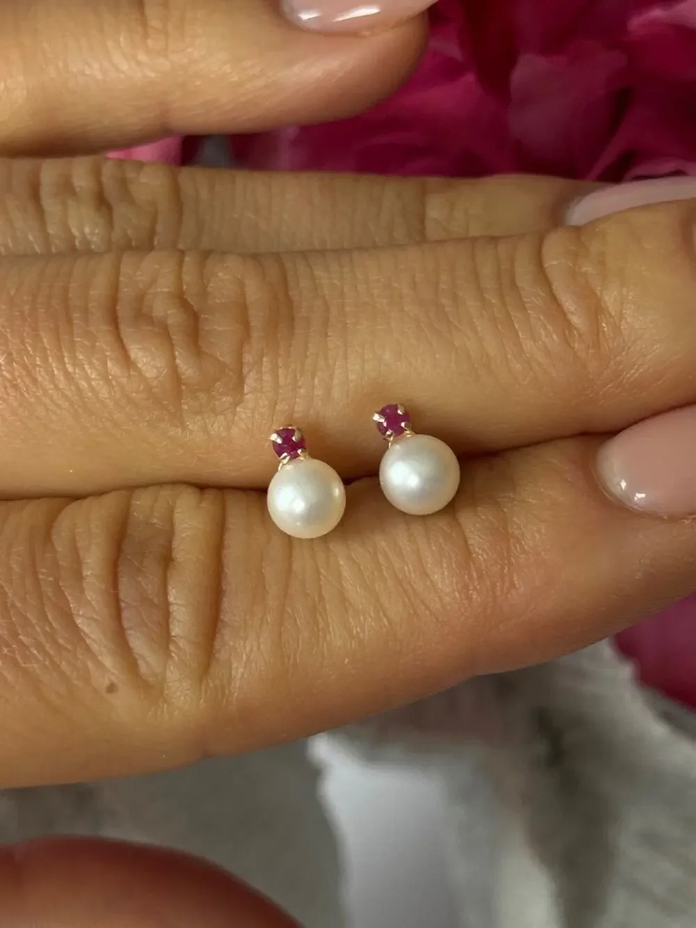 14K Yellow Gold Pearl & Ruby Stud Earrings